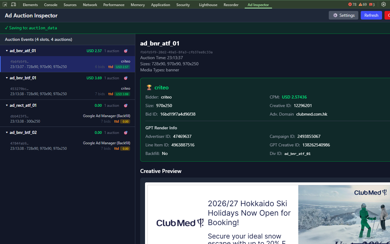 Ad Auction Inspector DevTools panel showing grouped auction events on the left and the selected auction details with winning bid information on the right.