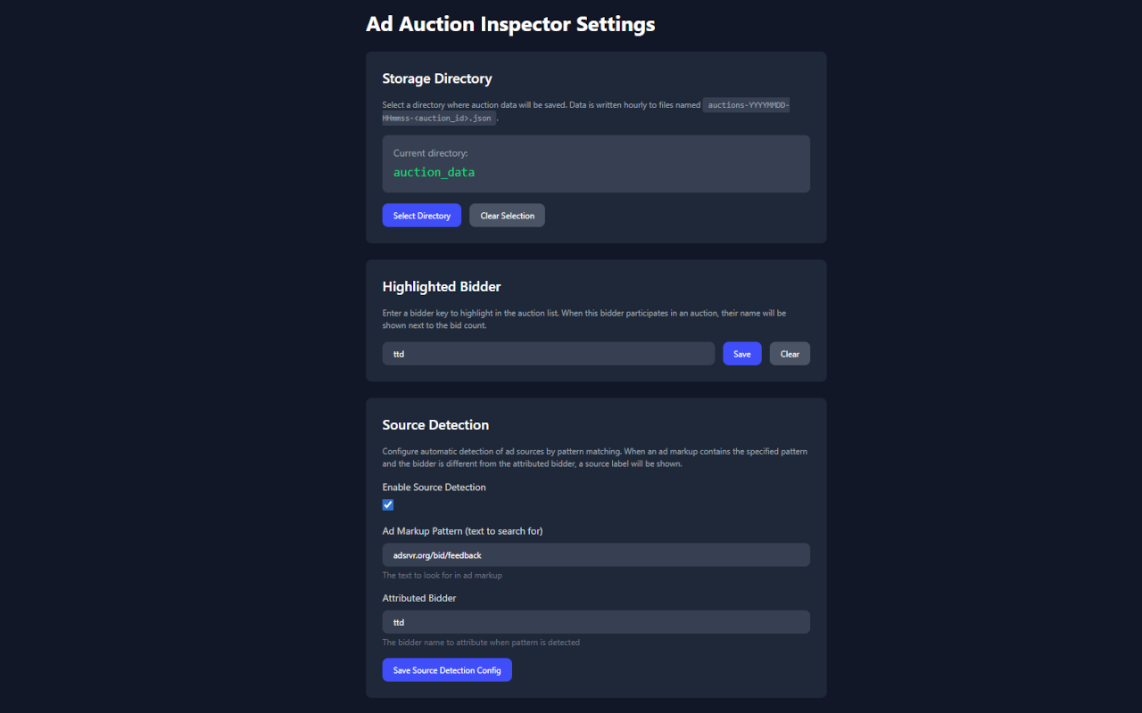 Ad Auction Inspector settings page showing the Storage Directory, Highlighted Bidder, and Source Detection sections.